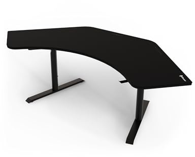 Bureau Gaming Arozzi Arena Angelo avec Rangement - Bureau d’Angle 225x71 cm - Plateau Courbé, Accueille 3 Grands Écrans, Hauteur Réglable - Tapis de Souris Intégral - Noir Intense