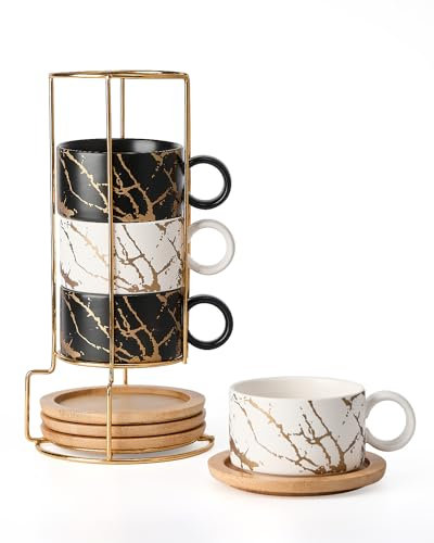 HOME DECOR Stackable Ceramic Coffee Cup -160ml Espresso Cups Set of 4 with Wood Saucers and Metal Stand for Double Espresso, Cappuccino and Latte Macchiato - Marble Collection