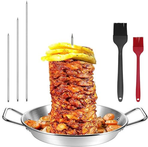 DMJHJY Gyro-Pfanne mit Spieß (8 Zoll/10 Zoll/12 Zoll), vertikale Spießpfanne aus Edelstahl für den Ofen, Gyro-Kochplatte mit Bürsten, Grillzubehör für Kebab, Ofenkartoffeln, gegrillten Mais (13 Zoll)