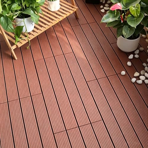 PEILU WPC Terrassenfliesen 30x60cm Holzoptik Klickfliese Platten mit Plastik Entwässerungsnetz Wetterfeste Balkonfliese 6er Set Bodenbeläge für 1m² Außen Balkon Terrasse Garten Teiche (Braun)