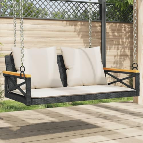 Rantry Schaukelbank mit schwarzen Kissen, 109 x 62 x 40 cm, aus Polyrattan, Bank für Balkon, Terrasse & Garten
