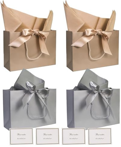 TAIXING 4 Stück Geschenktüten Geschenktüte Groß mit Schleifenbändern und Taschentuch, Gift Bag Geschenktaschen mit Henkel für Geburtstag Weihnachten Hochzeit Neujahr Festivalfeier(Champagner und Grau)