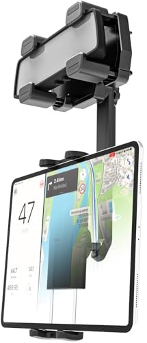 LYFPOOM Tablet Halterung Auto Rückspiegel - [Superstabile 4 Klemmen], Handyhalterung Auto Spiegel, für 4-12,9 Zoll Handy & Tablet, iPad Pro/Air/Mini, Galaxy, Lenovo Tablet, iPhone 15/14/13 usw