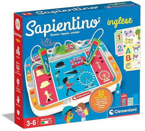 Clementoni Sapientino - Inglese, Gioco Educativo con Penne Parlanti Bambini 3-6 Anni, con 16 Schede e più di 32 attività per Imparare Vocaboli Inglesi, Made in Italy, Lingua Italiana, 16475