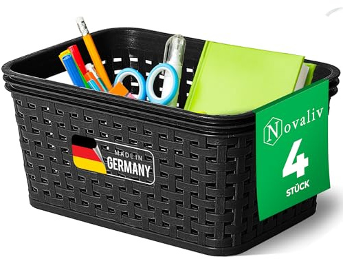 Novaliv 4 Stück Elegante Aufbewahrungskörbe in Rattan-Optik | Schwarz Kunststoff 2L ? für Büro und Zuhause. Vielseitige Kisten zur Aufbewahrung. Ideale Aufbewahrungsbox Organizer Ordnungsbox
