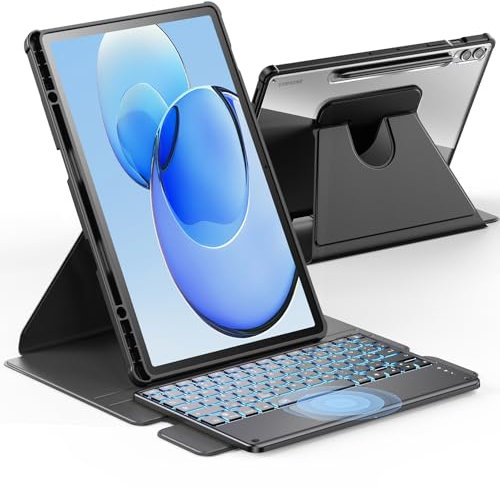 INFILAND für Samsung Galaxy Tab S10+ Plus/S9 FE+/S9 Plus Hülle mit Tastatur[Hochpräzises Touchpad], 360° Drehbar, Abnehmbarer Deutsches Beleuchtete Bluetooth Tastatur für tab S10+ /S9 FE+, Schwarz