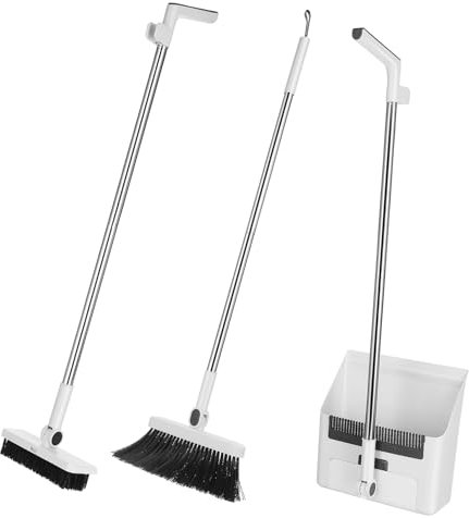 SKISUNO 3-in-1 White Broom and Dustpan Set Long Handle, 4 Broom Sticks and 1 Curved Handle, Indoor and Outdoor Sweeping Cleaning Tool Combo