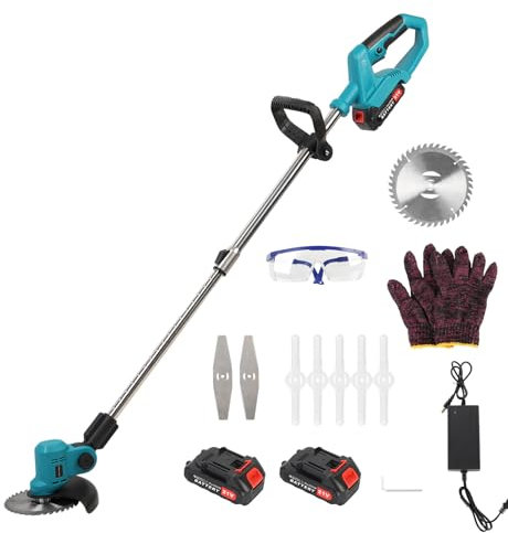qofezuey 21V Weed Wacker, Electric Weed Eater, Cordless String Trimmer with 1 Charger and 2 X 2.0Ah Battery, Retractable Weed Eater, Rechargeable Handheld Lawn Mower for Lawn (Light Blue, 9 Inch)