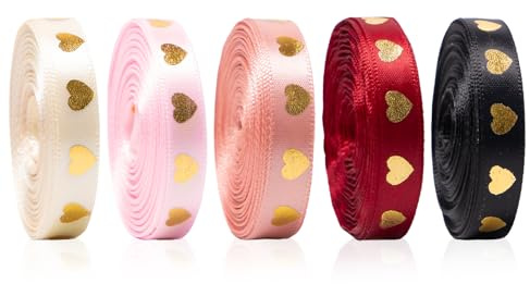 Bofanze 5 Piezas Cinta de Satén Impresa de Corazón Cintas de Seda Multicolor Decorativa para Cajas de Pasteles Cinta de Regalo para Artesanías para Regalos, Flores, Bodas (1cm x 10m)