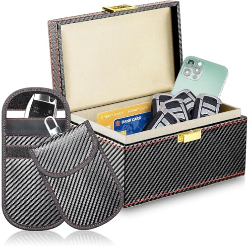 Große Anti-Diebstahl-RFID-Faraday-Box (passend für 12–15 Autoschlüsselanhänger und Handys) & 2 Faraday-Taschen für Autoschlüssel, RFID-Signalblocker für Handys, Autoschlüssel