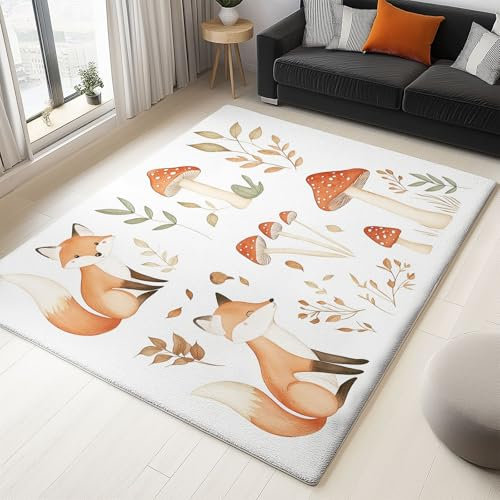 Teppich Wohnzimmer Schlafzimmer 180 X 270 cm Aquarell Fuchs Pilz Fußmatte Waschbar Kurzflor Anti-Rutsch TPR Unterseite Robuster Polyester Teppich Pflegeleicht, Mehrfarbig