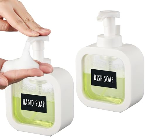 Segbeauty Dispensador Jabon Cocina, 2 Piezas 300ml Dispensador de Espuma, Botes para Gel y Champu, Dosificador Jabon de Plástico con Etiquetas, Accesorios Baño