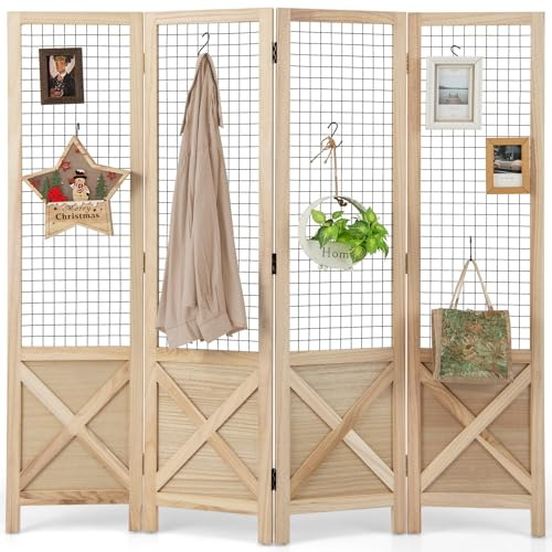 COSTWAY Paravento a 4 Pannelli da Interno | Separé Divisorio Pieghevole a Griglia in Legno per Casa, Ufficio e Ristorante