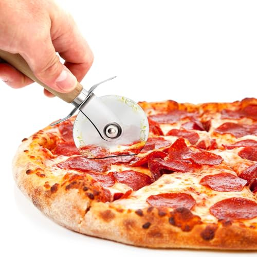 NutriChef Stainless Steel Pizza Cutter Wheel | Durable & Sharp Pizza Slicer with Built-in Finger Guard | Non-Slip Ergonomic Handle & Dishwasher Safe | Heavy Duty Rust Resistant 7” Pizza Wheel