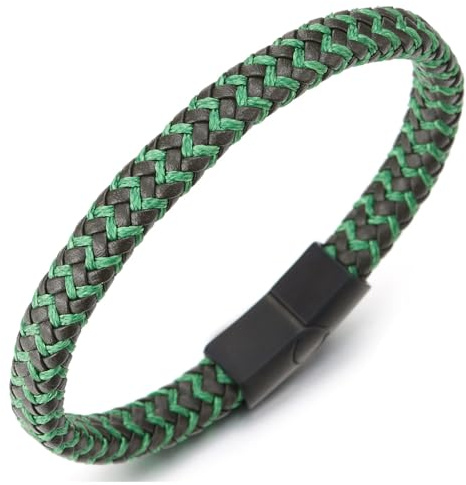 COOLSTEELANDBEYOND Grünes Geflochtenes Armband für Herren, Zweifarbiges Flechtdesign mit Schwarzem Stahlverschluss, Lässiger Armschmuck