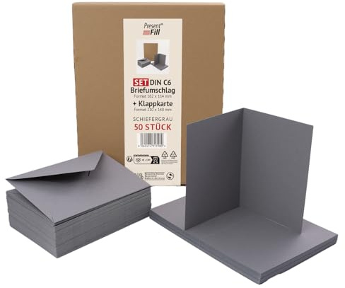 PresentFill 50er Set blanko Falt-Karten inkl. Briefumschläge ohne Fenster Schiefer Grau I Klappkarten DIN A6 I Umschläge C6 I Made in Germany I 100% Recycling Kraftpapier I Blauer Engel zertifiziert