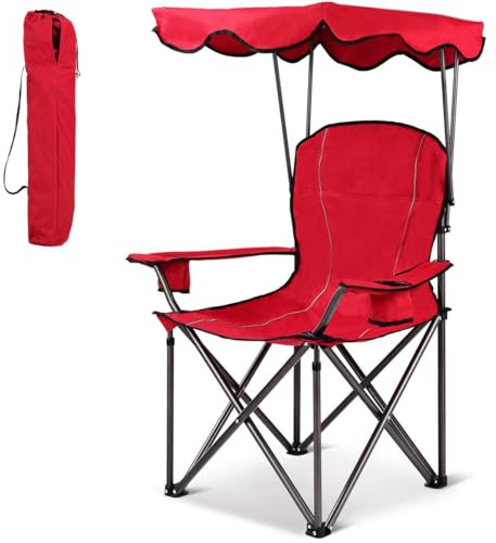 FANTASK Campingstuhl mit Getränkehalter, Angelstuhl mit Sonnendach & Tragtasche, Faltstuhl 120 kg belastbar, Klappstuhl, Anglerstuhl Ideal für Camping, Terrasse & Strand, Rot