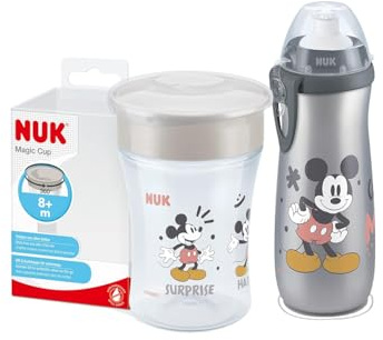 NUK Magic Cup + Sports Cup Set – Disney Mickey Maus Grau – 2-teiliger Trinkbecher-Set für Kleinkinder – Auslaufsicher & BPA-frei