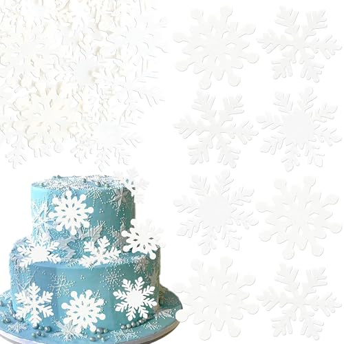 Ephlyn 60Pcs Edible Snowflake Cupcake Toppers Winter Cupcake Picks Water Paper Winter Frozen Cake Decorations for Snowflake Theme Baby Shower Kids Birthday Party Supplies White