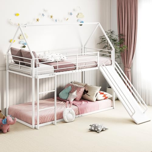 GIANTEX Letto a Castello per Bambini 90 x 200 cm, Letto a soppalco con Scivolo e Scala a 3 gradini, Struttura in Metallo con Barriera di Sicurezza e Conservazione, Senza Materassi (Bianco)