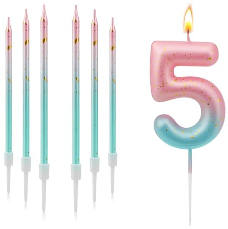 Vela Número 5 para Cumpleaños, Decoración 3D con Degradado Azul y Rosa para Tartas - Velas de Cumpleaños para Aniversarios y Fiestas