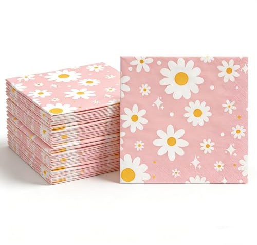 Tourima Gänseblümchen Servietten 20 Stück, Rosa, 33 x 33 cm Partydeko Set | 20 rosa Servietten mit weißen Gänseblümchen und gelben Blütenmitten gestalten eine fröhliche Tischdeko für bunte Geburtstage.