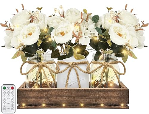 HOMECOR Mason Jar Centerpiece Table Decor for Dining Room - Easter Table Decorations with Farmhouse Wood Tray and Remote Control LED Fairy Lights for Coffee Table Home Decor Living Room Wedding