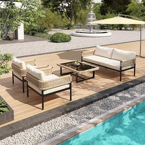 NADEUSAK Gartenmöbel-Set 4er-Set, mit verzinktem Eisenrahmen, Beige Seil, verstellbare Füße, Glatte Glastischplatte, inklusive Aller Sitz- und Rückenkissen