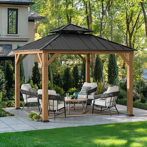 SUNJOY Holz-Hardtop-Pavillon 3,3x3,3m, Zedernholz | 2-stufiges Metalldach, wind- & schneelastbeständig, wasserdicht, langlebig, für Terrasse, Garten, Deck & Party