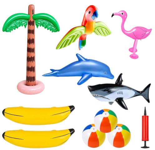 Aufblasbare Palme Flamingo Papagei Delfin Hai Banane Strandball 11 Stück | Aufblasbar mit Luftpumpe,für Hawaii Party Deko Luau Party Strand Schwimmbad Pool Party Deko