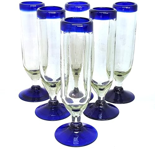 MexHandcraft Cobalt Blue Rim 6 oz Champagne Flutes (set of 6), Recycled Glass, Lead-free, Toxin-Free (6oz Champagne)