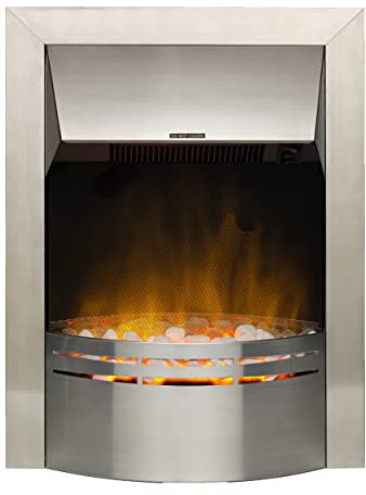 Dimplex Dakota Optiflame Inset Electric Fire, Modern Brushed Stainless Steel Electric Flame Effect Fire, White Pebble Fuel Bed, 2kW Adjustable Fan Heater with Thermostat, Inset Depth 7cm