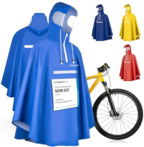 CYCLEHERO Regenponcho Fahrrad extra wasserdicht und robust - TEST SEHR GUT - Premium Regencape Fahrrad mit Reflektoren, Sichtfenster - Regenbekleidung als Regenponcho Herren und Damen - Regenjacke