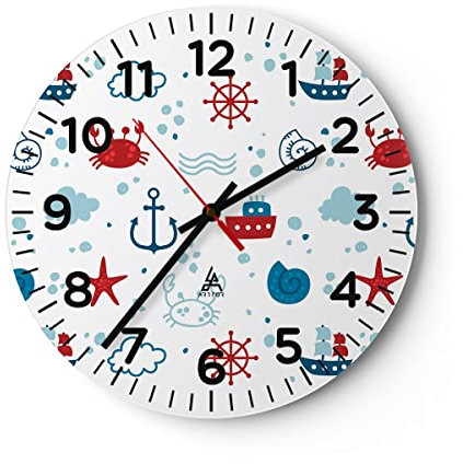 Horloge Murale Design Moderne Mer bateau ancre navire 40x40cm Petit Pendule murale en verre Cuisine Salon Chambre Silencieuse Originale Wall Clock Décoration Murale Art Wall Decor C4AR40x40-2889