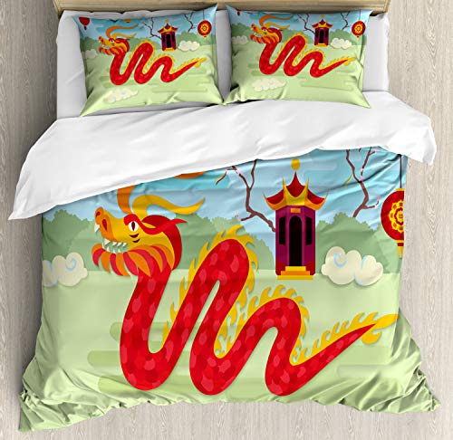 Ambesonne Dragon Duvet Cover Set, Illustration of Chinese Pavilion Bushes and Grass on The Background, Decorative 3 Piece Bedding Set with 2 Pillow Shams, King Size, Multicolor
