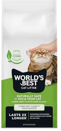 WORLD'S BEST CAT LITTER Comfort Care Unscented, 32-Pounds - Natural Ingredients, Quick Clumping, Flushable, 99% Dust Free & Made in USA - Long-Lasting Odor Control & Easy Scooping