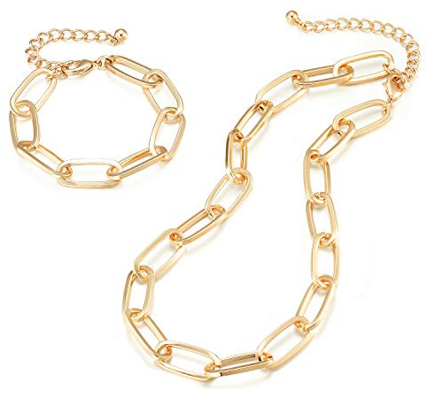 LANE WOODS Goldkette und Armband für Damen, zierliches und klobiges Kettenglied Büroklammer-Schmuck-Set