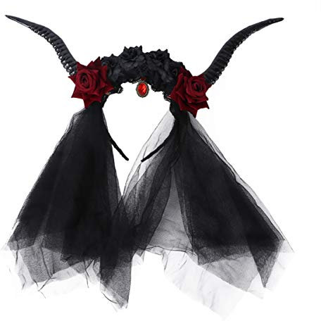 Minkissy Gothic Horn Stirnband Halloween Cosplay Kopfschmuck mit Kristall & Tüll Schleier, Retro Dämonenhörner für Frauen & Mädchen – Perfekt für Halloween, Kostümpartys & Gothic Themen (Schwarz)