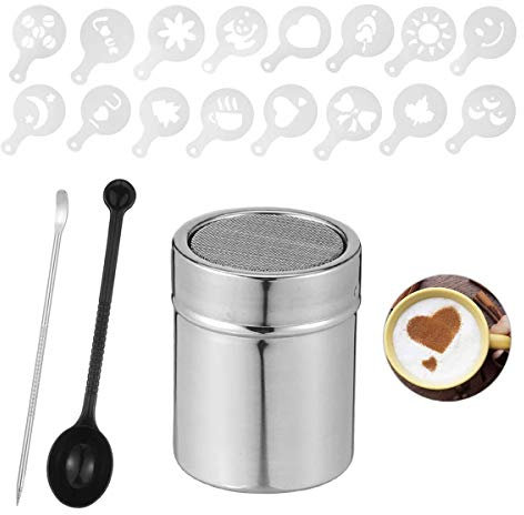 1 Stücke Kakao-Streuer aus Edelstahl Edelstahl-Pulver Streuer für Kaffee Puderzucker Kakao, Mehlstreuer Puderzucker Streuer mit 16 Pcs Kaffee Cappuccino Schablonen,1 Löffel und 1 Coffee Art Pull Pin
