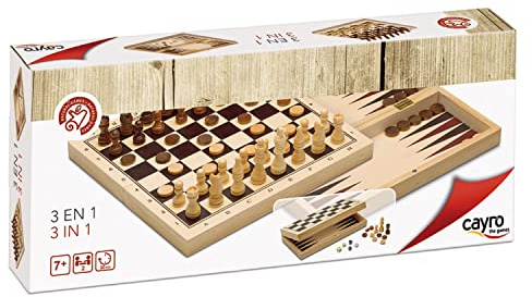 Cayro - Scacchi, Dama E Backgammon - + 7 Anni - Legno - Triplo Gioco Da Tavolo Educativo Per Bambini E Adulti - Tabellone Pieghevole Per Conservare Le Fiches