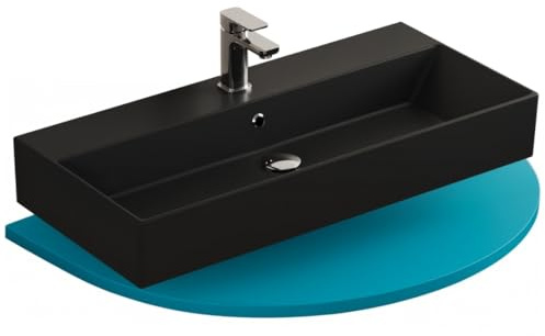 Aqua Bagno Wandwaschtisch 90 cm rechteckig Keramik schwarz Matt, großes Aufsatzwaschbecken mit Hahnloch und Überlauf, modernes Badezimmer-Design, wandhängend und pflegeleicht