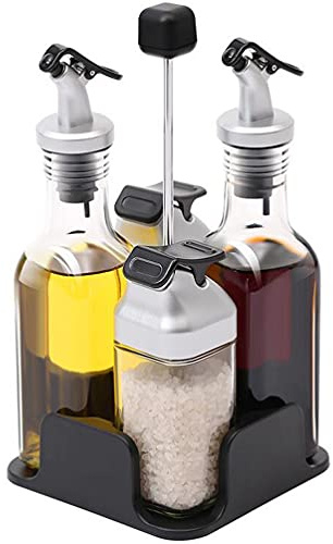 4 Piece Condiment Setn, Salt Pepper Oil and Vinegar Set and Stand
