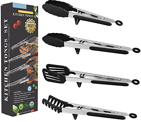 Aschef 4in1 Set Pinze Cucina in Acciaio Inox Pinza con Punta Silicone Senza BPA Tostapane Pasta Spaghetti Torta BBQ Bistecca Pizza Verdura Insalata Frutta Buffet Clip Strumento di Servizio Gadget Nero