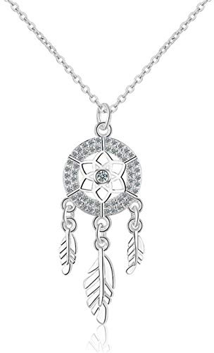 Yikoly Kette silber 925 Damen Halskette Glitzer Zirkonia mit anhänger Lange Traumfänger Feder Charm-Collier Halsreife Y-Kette Für Frauen mädchen