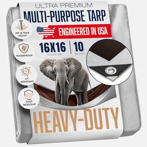 16x16 Heavy Duty Tarp, 10 Mil Thick, Waterproof, Tear & Fade Resistant, High Durability, UV Treated, Grommets Every 18 Inches. (Silver/Brown - Reversible) (16 x 16 Feet)