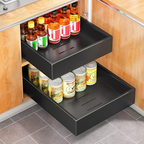 SAYZH Tiroir Coulissant Telescopique Cuisine pour Placard de Cuisine, Tiroir Coulissant Extensible, (43Profondeur x 25Largeur x 9Hauteur cm), pas Besoin de Percer ni de Clouer, Noir