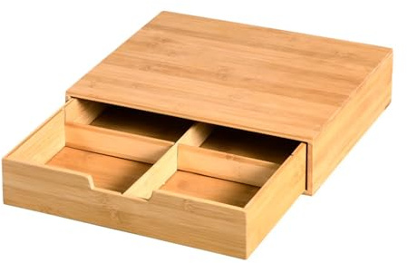 KESPER Tee- und Kaffeekapsel-Organizer aus Bambus, mit Schublade, 34 x 31 x 8 cm – Platzsparend & elegant, 58952, Natur Hell