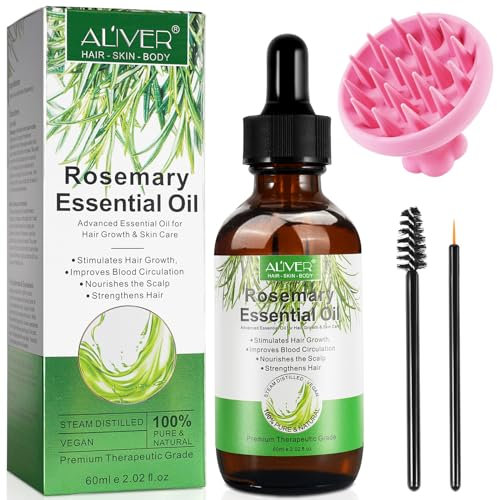 Olio di Rosmarino per Capelli, con Massaggiatore per Cuoio Capelluto, Olio Essenziale Rosmarino Stimolano la Crescita dei Capelli, Nutrono Il Cuoio Capelluto, 60ml