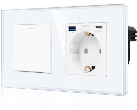 CNBINGO Light Switch with Schuko Socket, Glass Socket with USB (Type C and Type A) Modern Socket Flush-Mounted, Single 1-Way White