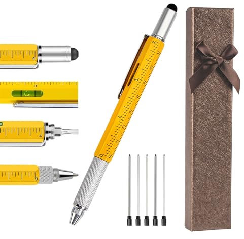 GWAWG Multifunktions Kugelschreiber 6-in-1 Schraubendreher Stifte Gadgets mit Kristall-Geschenk-Box und 5 Austauschbare Minen - Metall, Gelb, Silber